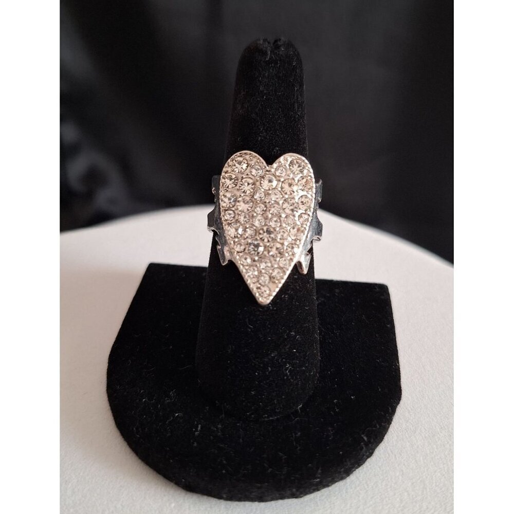 Silver-Tone Rhinestone Heart Ring With Arrow Design - Size 8